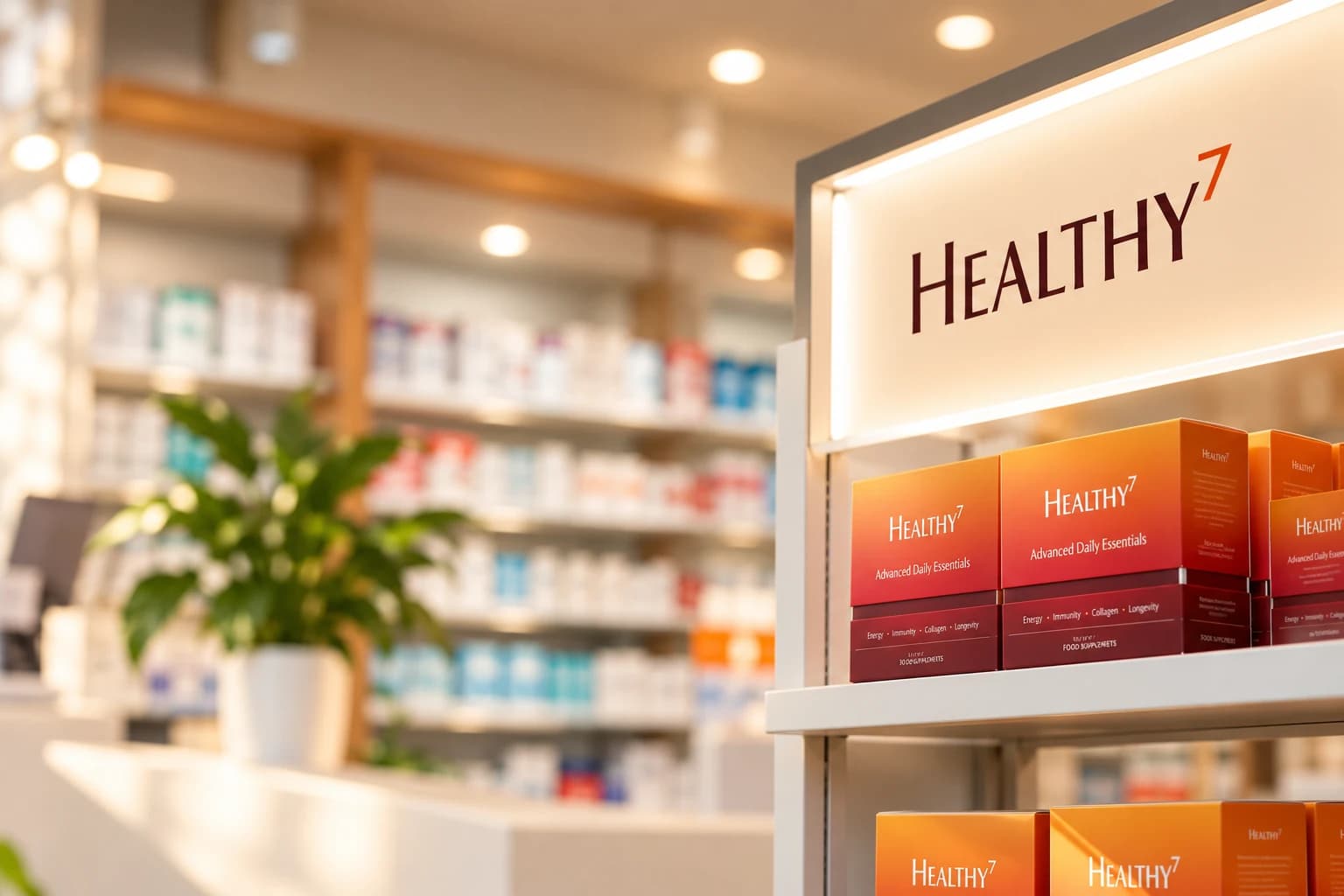 Healthy7-verpakkingen op een verlicht schap in een apotheek