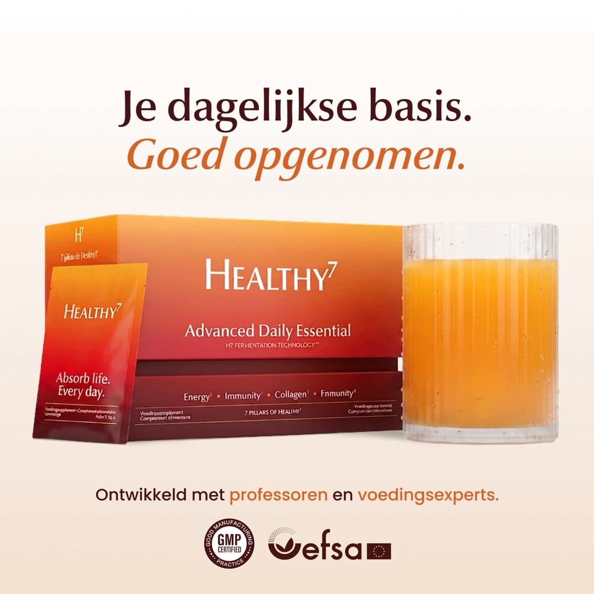 Healthy7-doos met een glas van de dagelijkse drank - je dagelijkse basis, goed opgenomen
